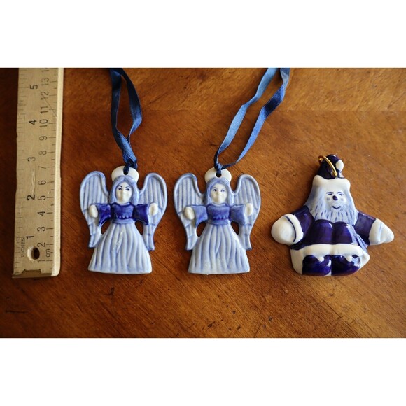Vtg Lot of 4 Delft Blue Holland Christmas Ornaments Santa Teddy Bear Angels ~3" - Picture 2 of 11